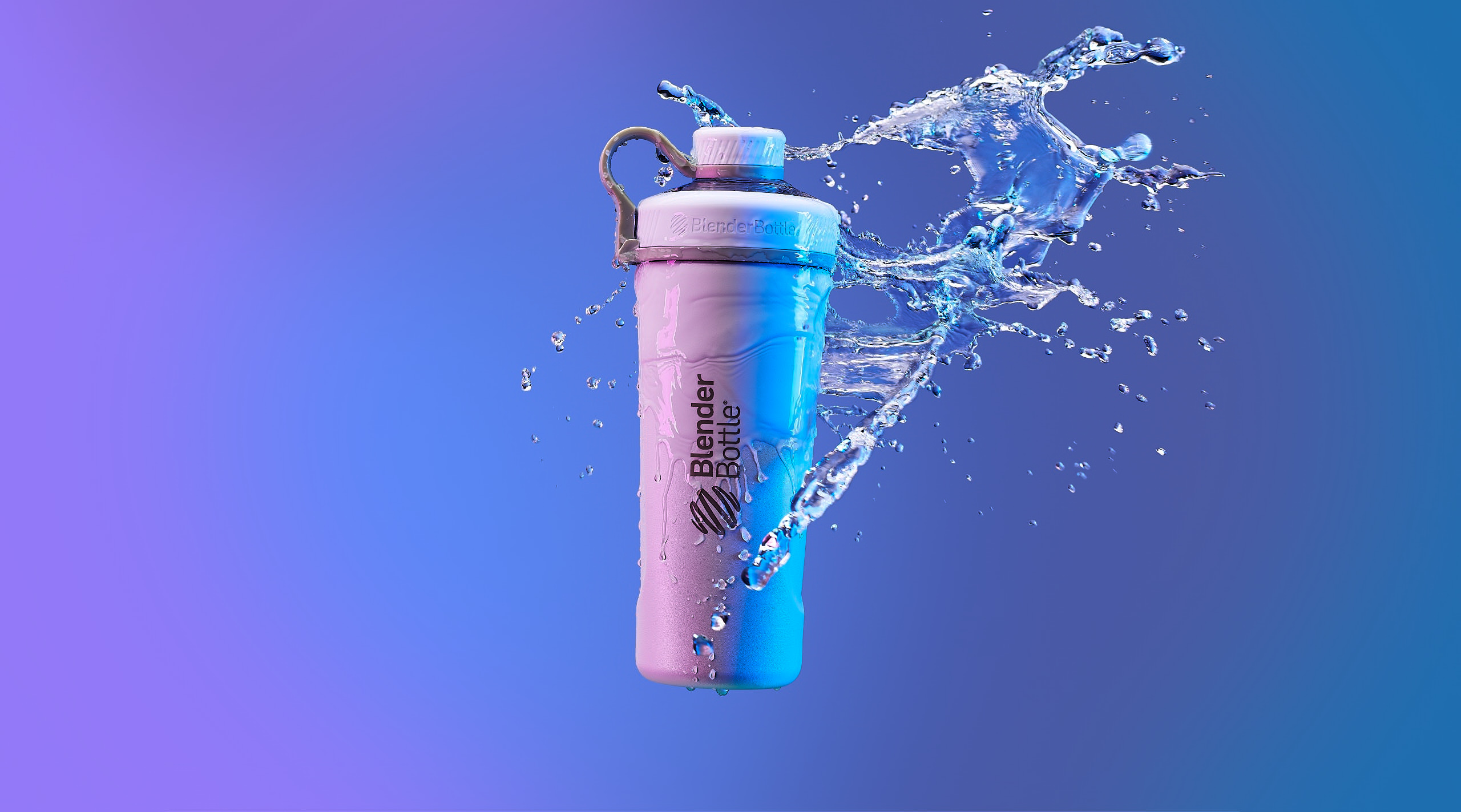 WHITE SPORTS BOTTLE FLYING IN AIR GETTING HIT WITH A SPLASH OF WATER WITH GEL LIGHTS ON IT